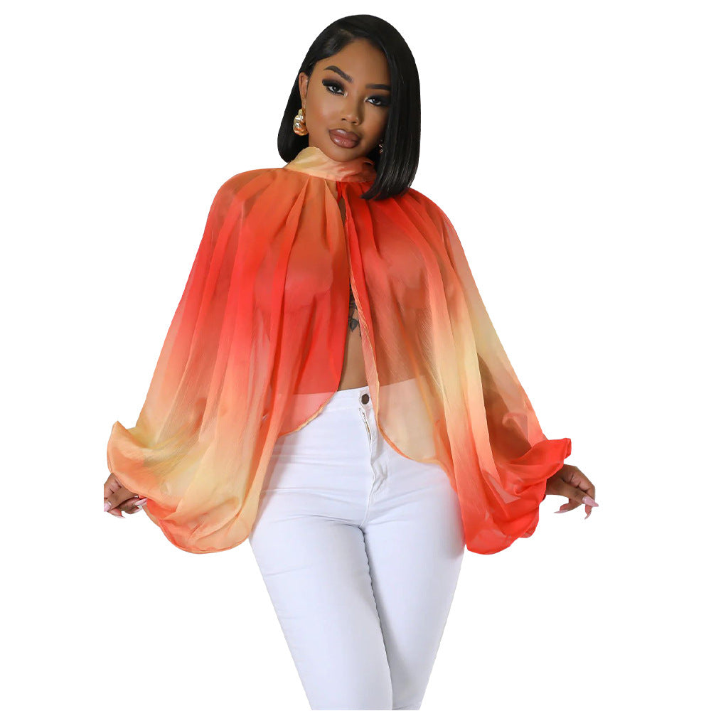 Women's Lace Printing Chiffon Shirt Batwing Sleeve Blouses