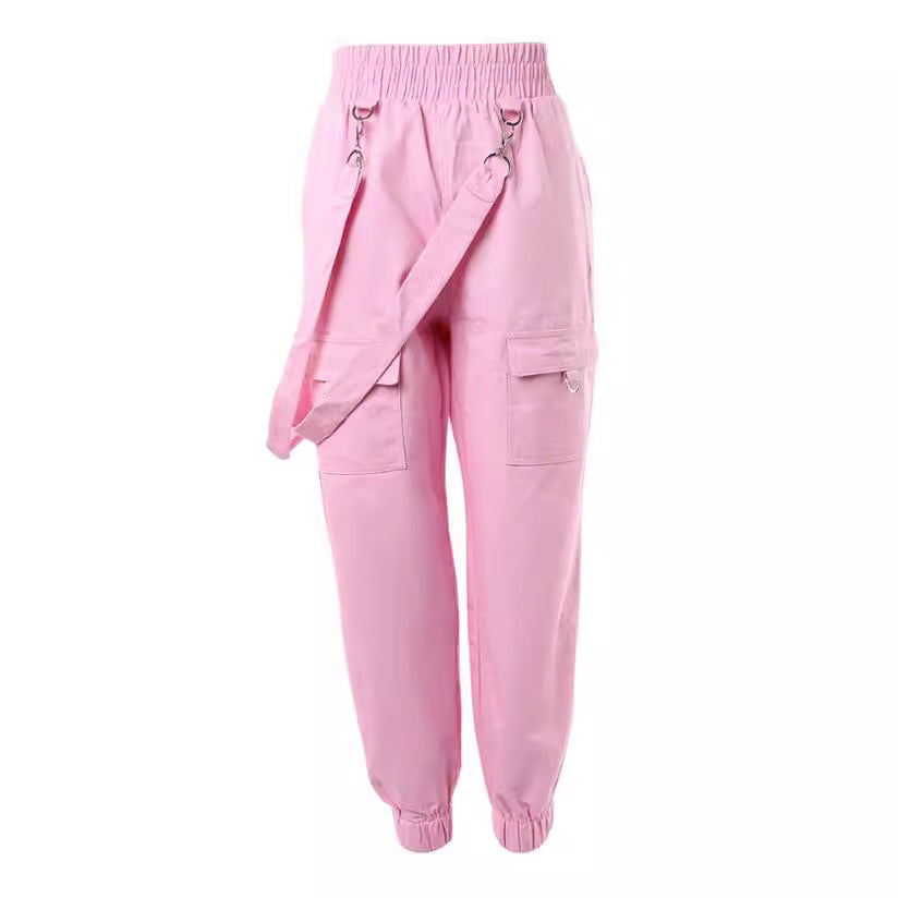 Women's American Retro Pink Figure Flattering Strap Pants