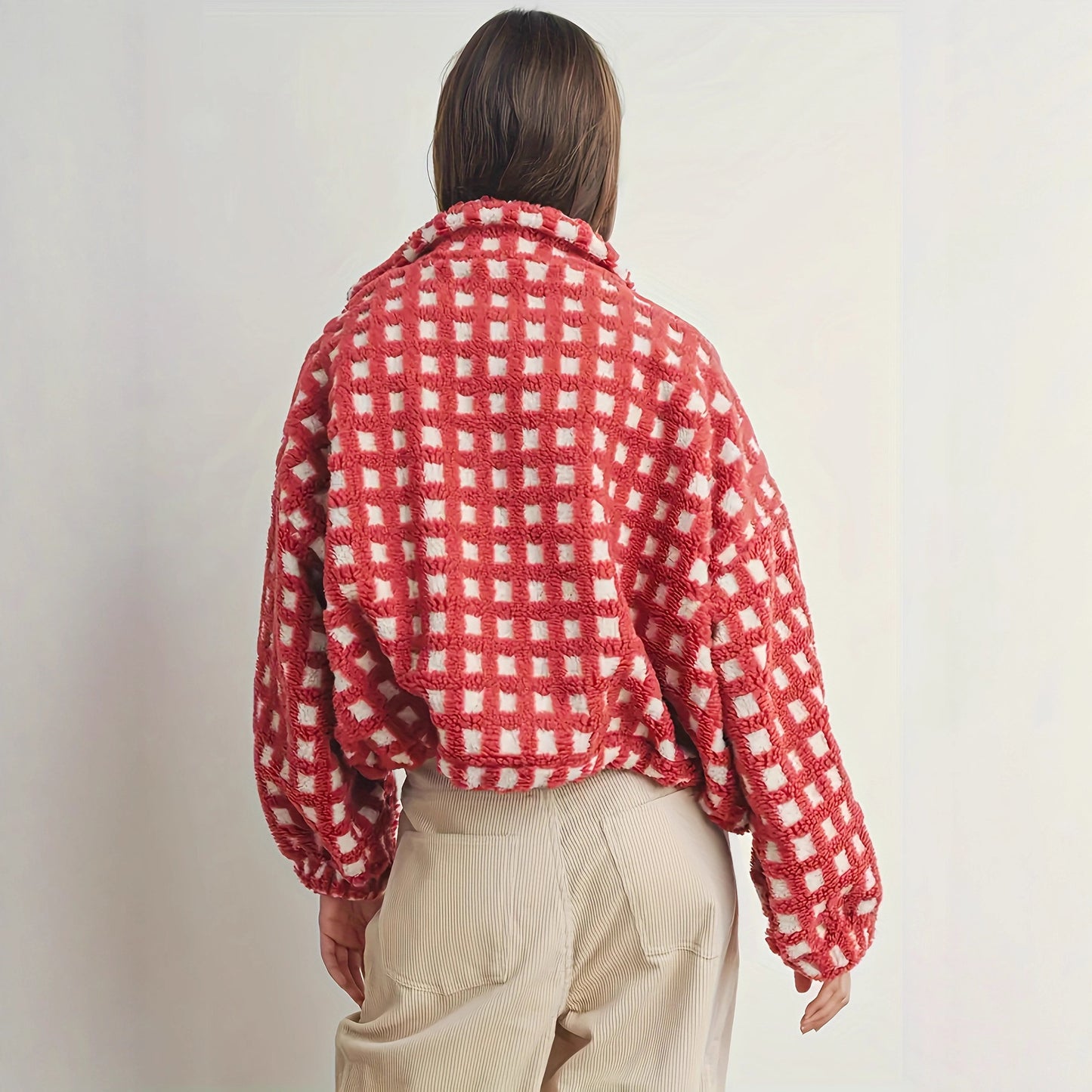 Women's Fashion Design Plush Red Plaid For Coats