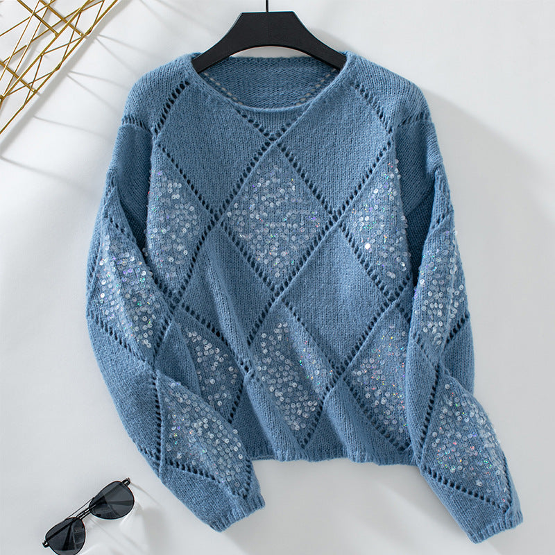 Women's Fashion Sequined Rhombus Pullover Loose Sweater