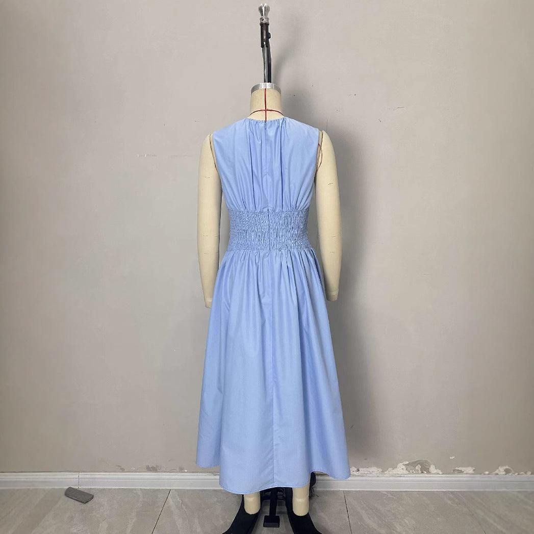 Women's Blues Round Neck Pleated Pocket Versatile Dresses