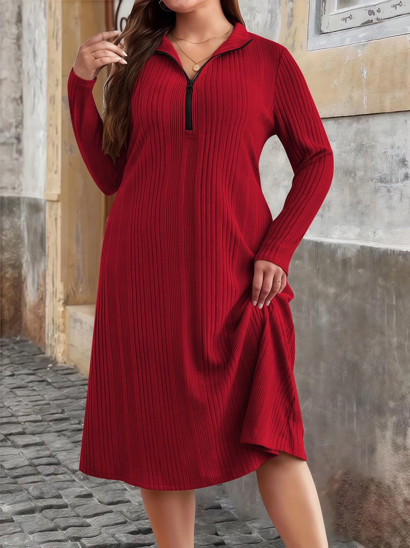 Women's Sunken Stripe Round Neck Zipper Plus Size
