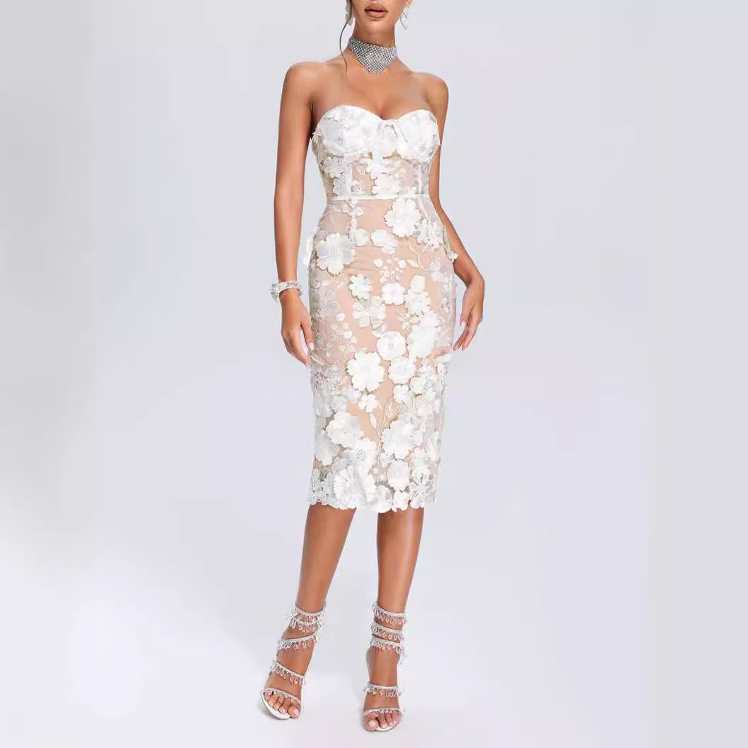 Flower Decoration Slim White Sexy Tube Dresses