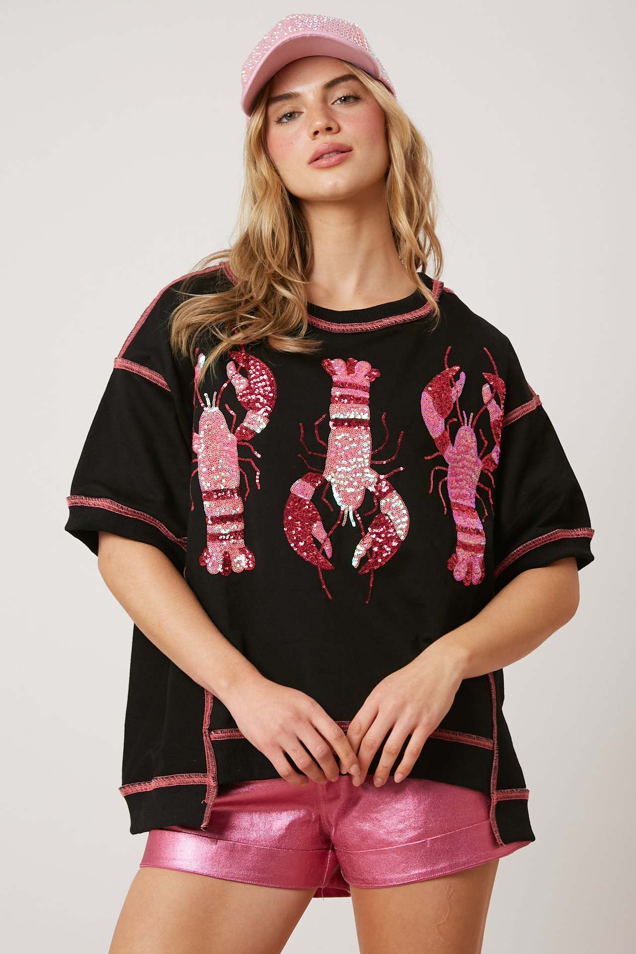 Women's Summer Loose Casual Lobster Sequined T-shirt Blouses