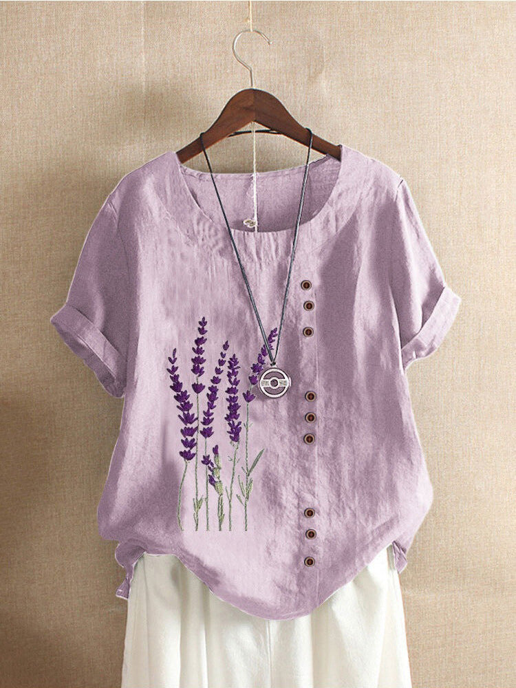 Women's Fresh Printed Round Neck Sleeve Fastener Blouses