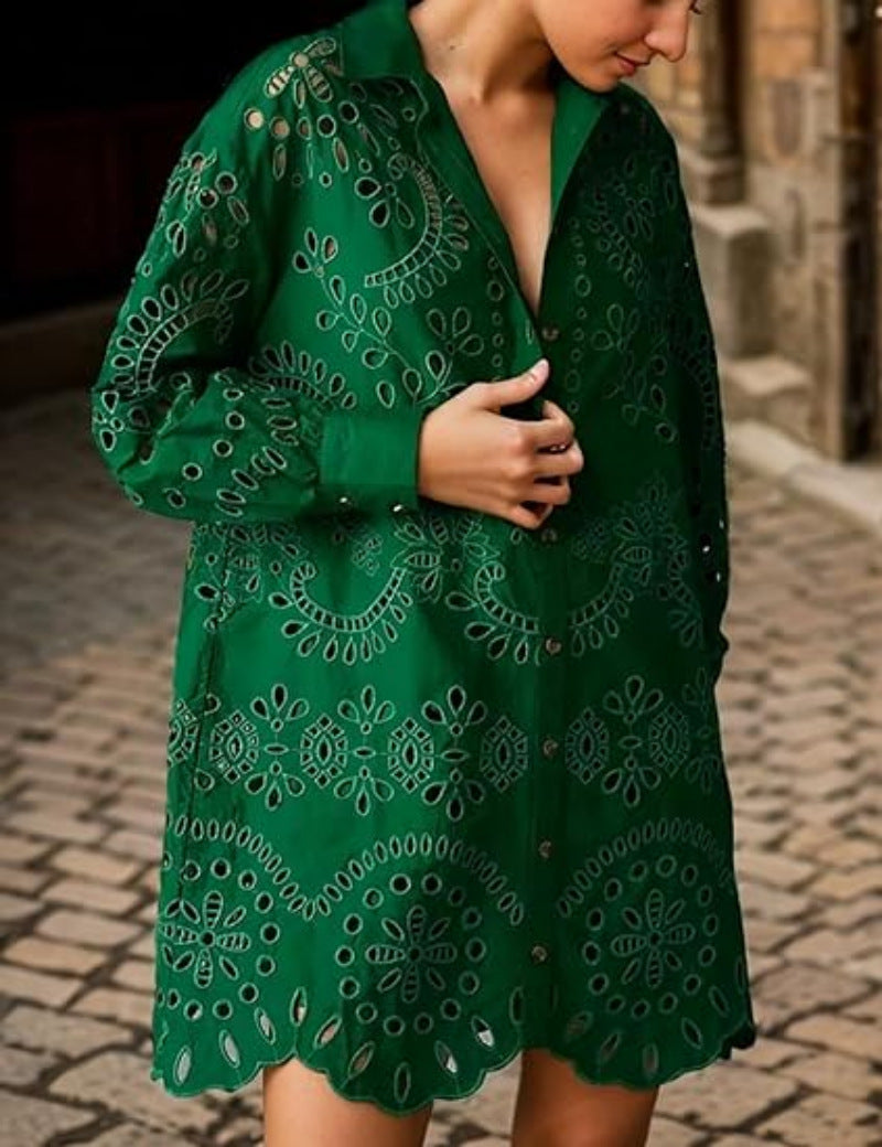 Women's Solid Color Shirt Collar Loose Embroidered Blouses