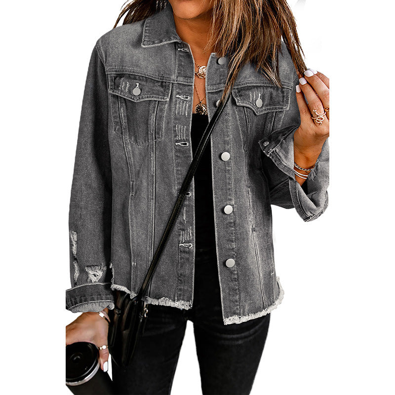 Women's Solid Color Single Row Washed Denim Cardigans