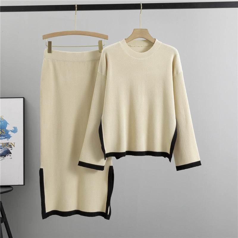 Women's Knitting Contrast Color Round Neck Slit Tops