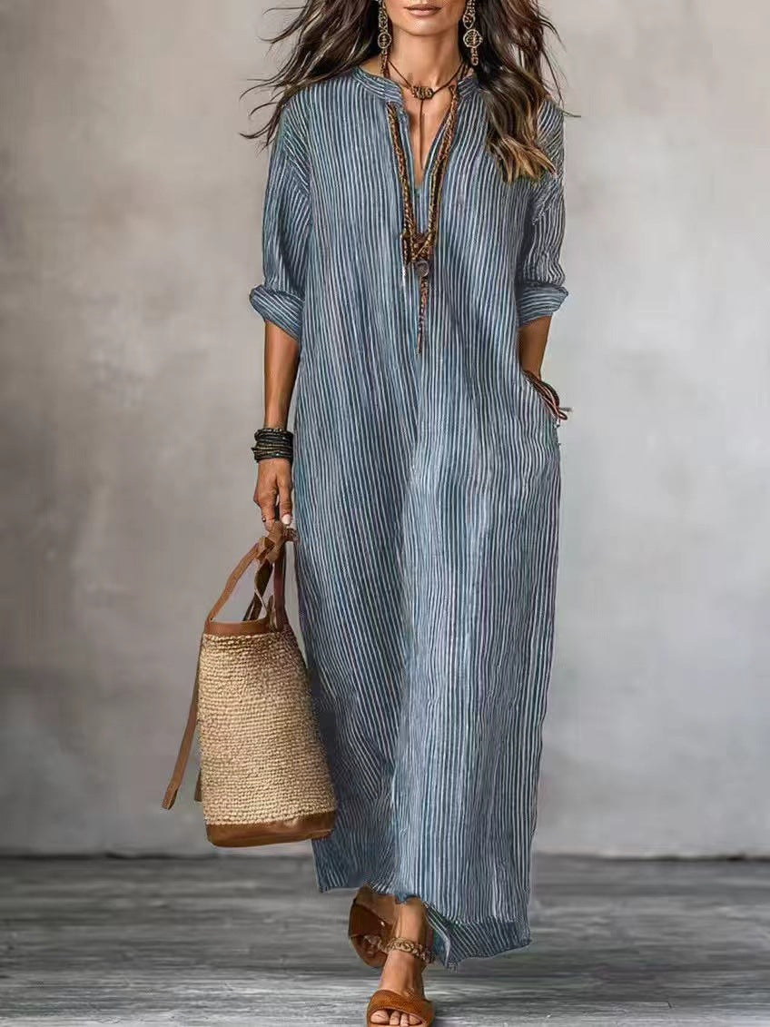 Women's Summer Fashion Sleeve Striped Design Solid Color Dress