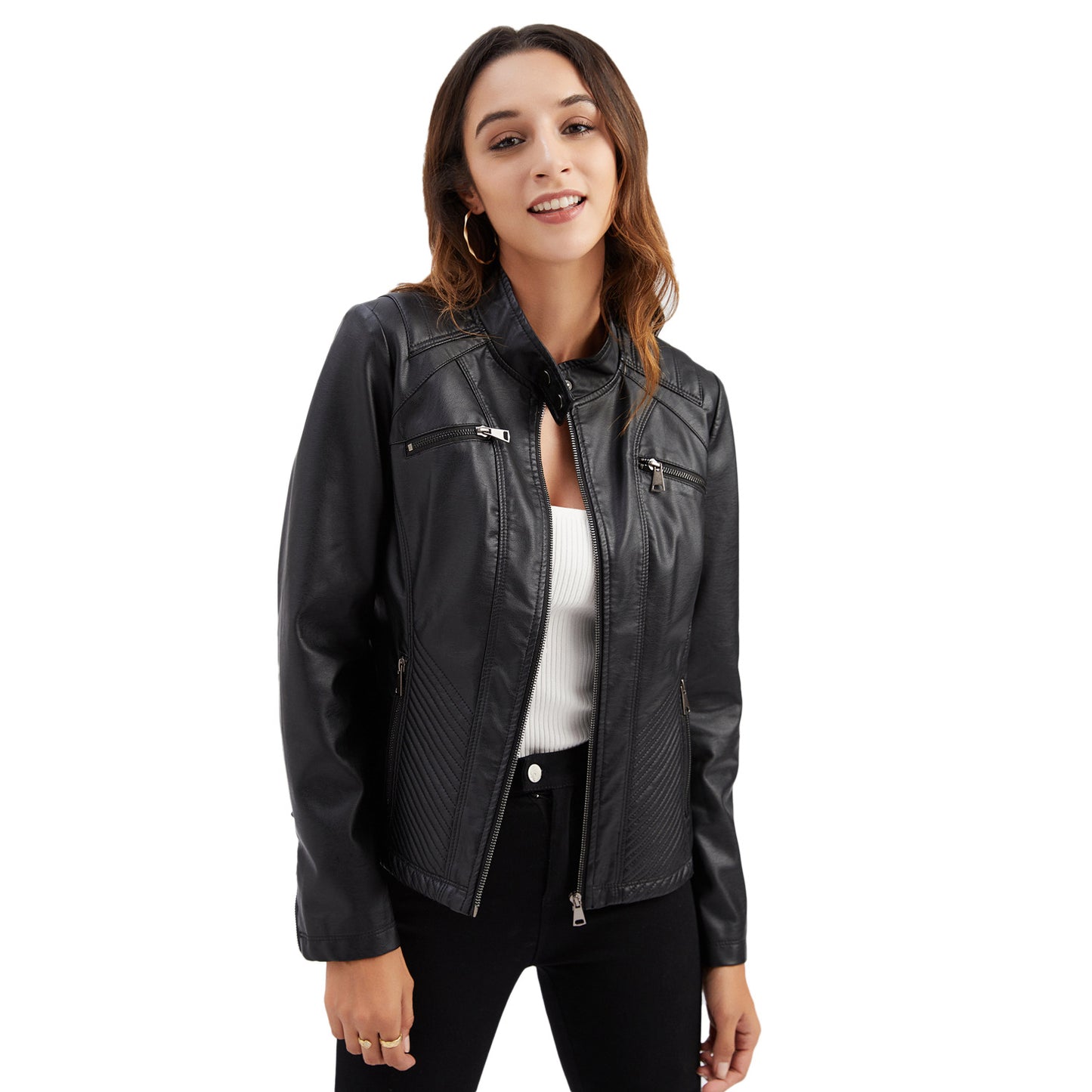 Women's Casual Leather Stand Collar Solid Color Jackets