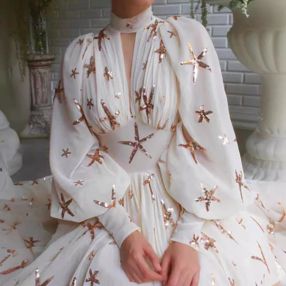 Women's Half Turtleneck Sequined Slit Lantern Sleeve Formal Dresses