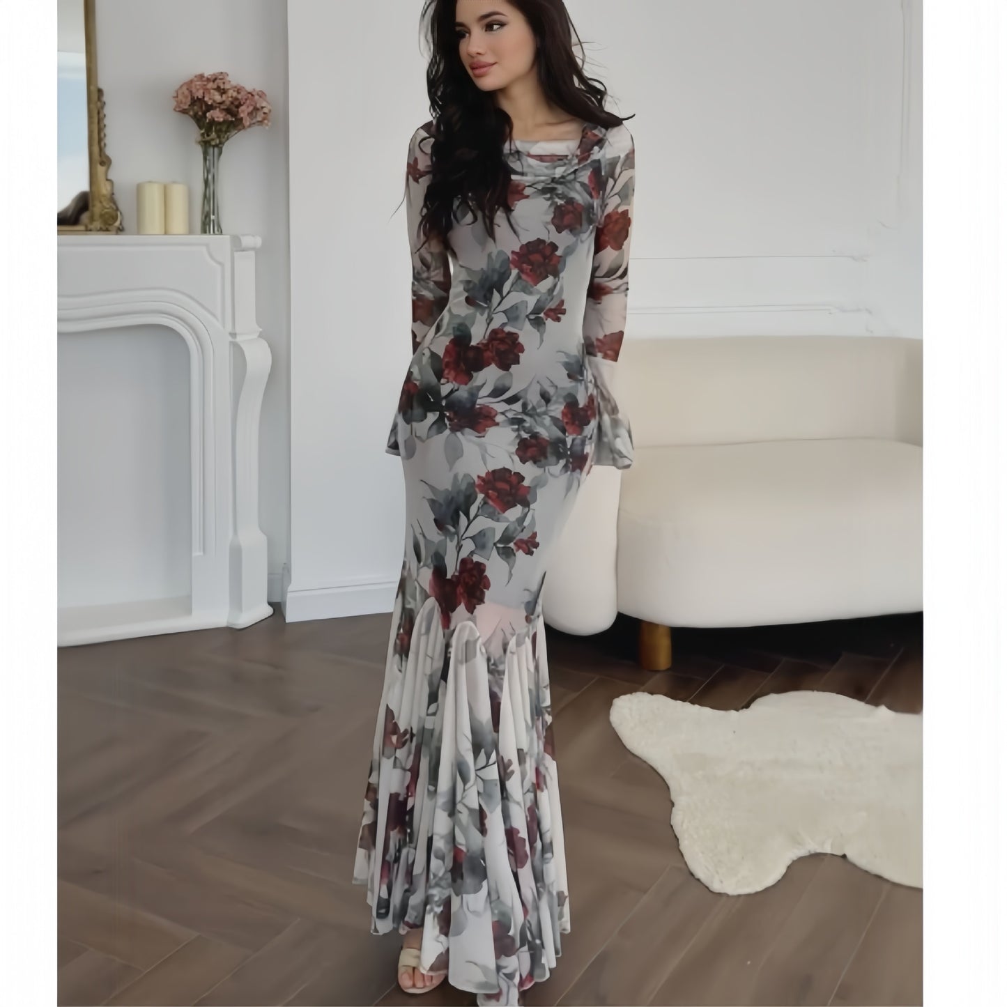 Women's Fashion Romantic French Floral Print Long Sleeve Dresses