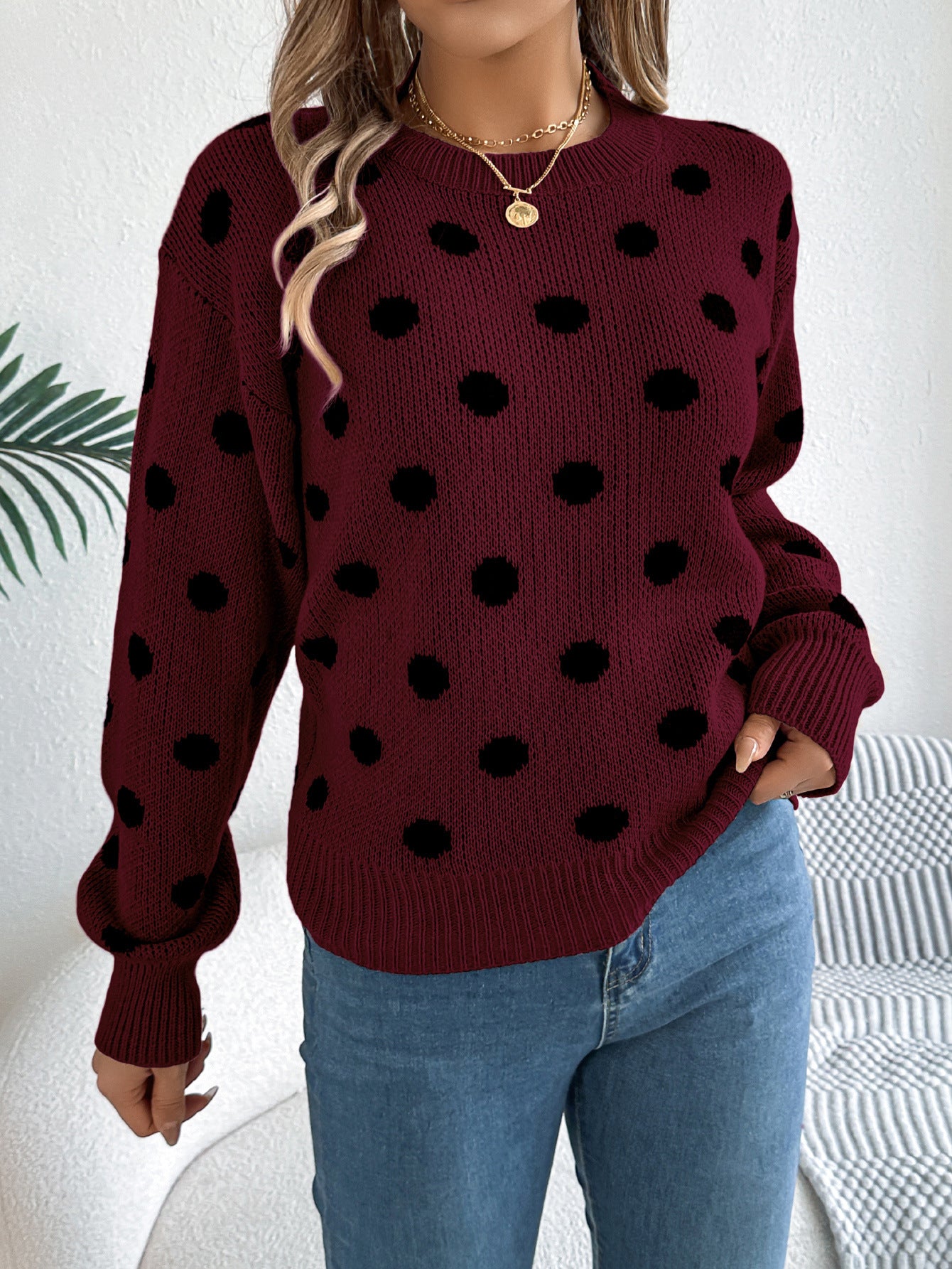 Women's Contrast Color Polka Dot Long Sleeve Sweaters