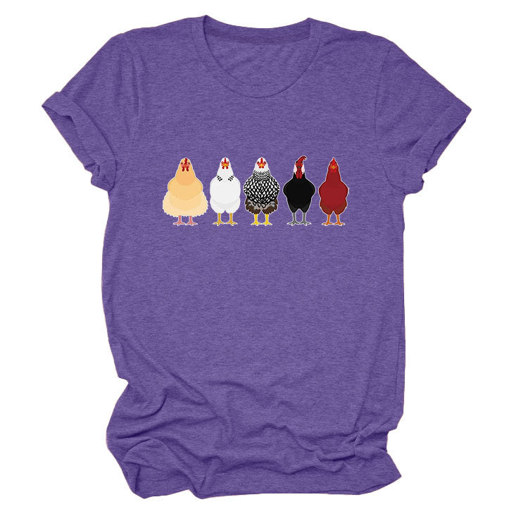 Women's Fun Chicken Round Neck Sleeve T-shirt Blouses