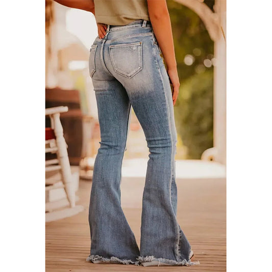 Women's Blue With Holes Flared Washed-out Vintage Jeans