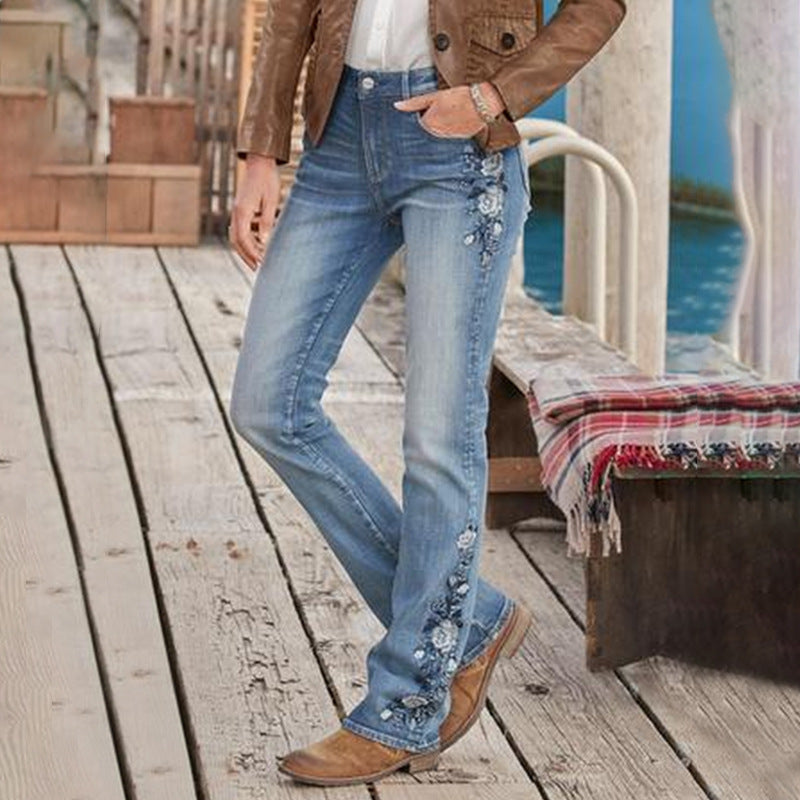 Women's Embroidered Simple Mid Waist Spring Elastic Jeans