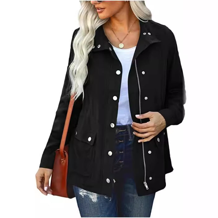 Women's Fashion Polo Collar Solid Color Pocket Fastener Jackets