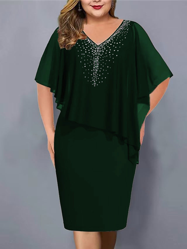 Women's Chiffon Stitching Rhinestone Irregular Half Sleeve Dresses