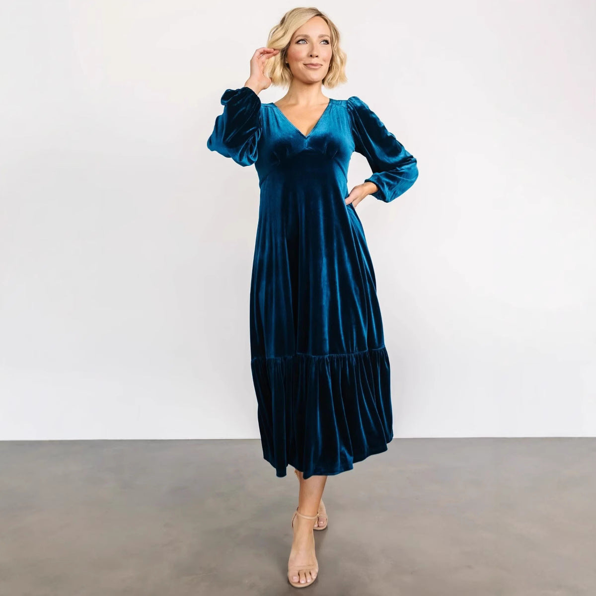 Collar Puff Sleeve Veet Ruffled Dress Dresses