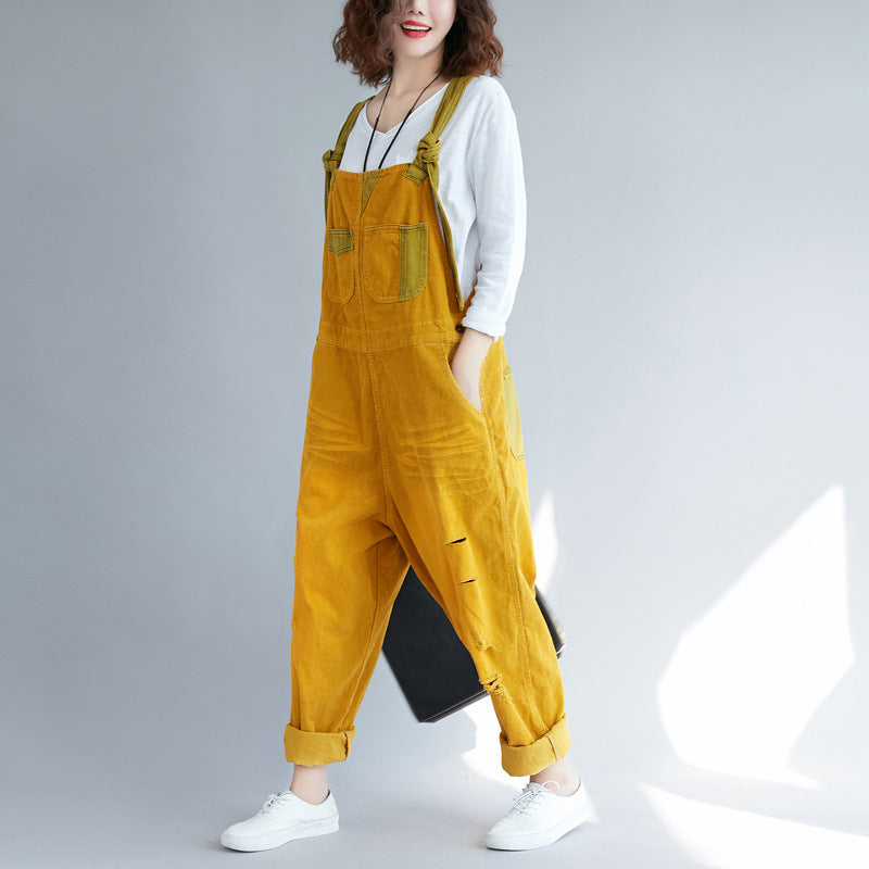 Make Old Ripped Corduroy Hanging Crotch Suspender Casual Pants