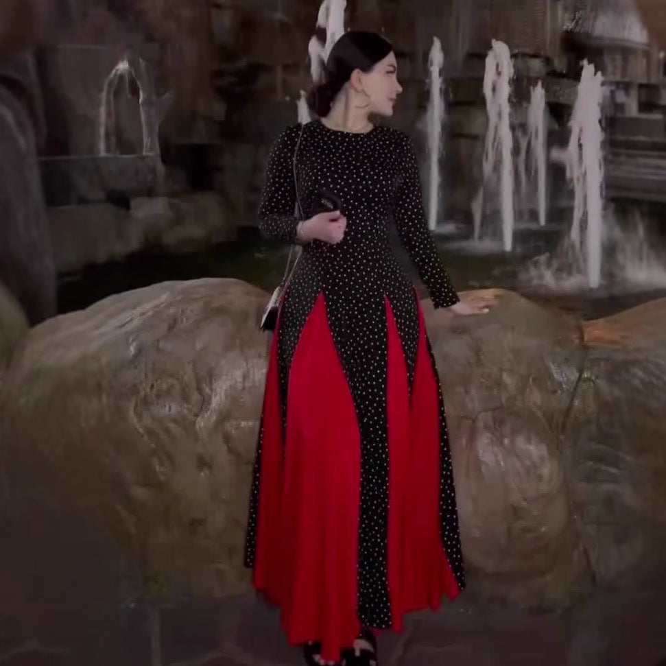 Women's Autumn Fashion Color Contrast Round Neck Dresses