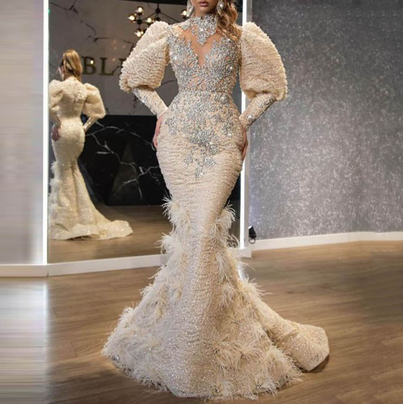 Dress Feather Princess Gold Long Mesh Wedding Dresses