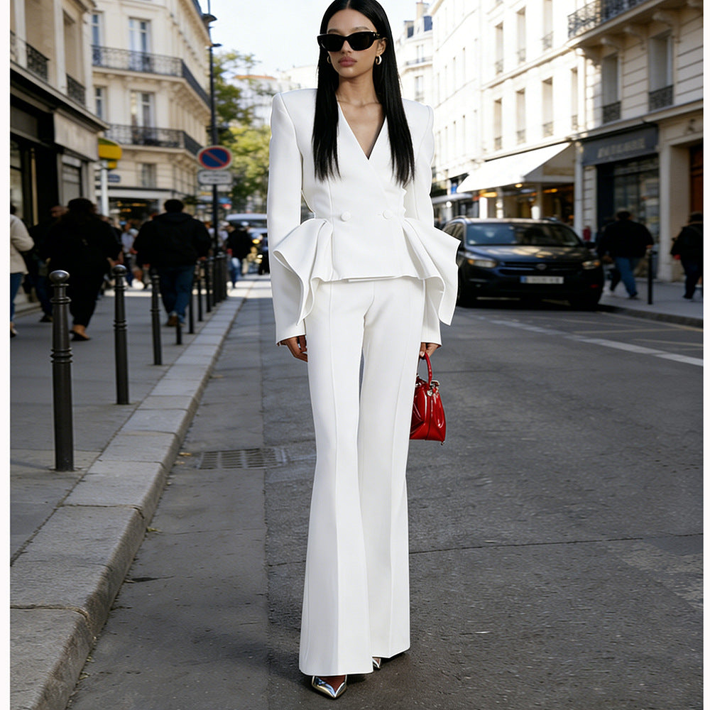 Slouchy Designer Ruffle Slim Two-piece Set Fashion Casual Suit
