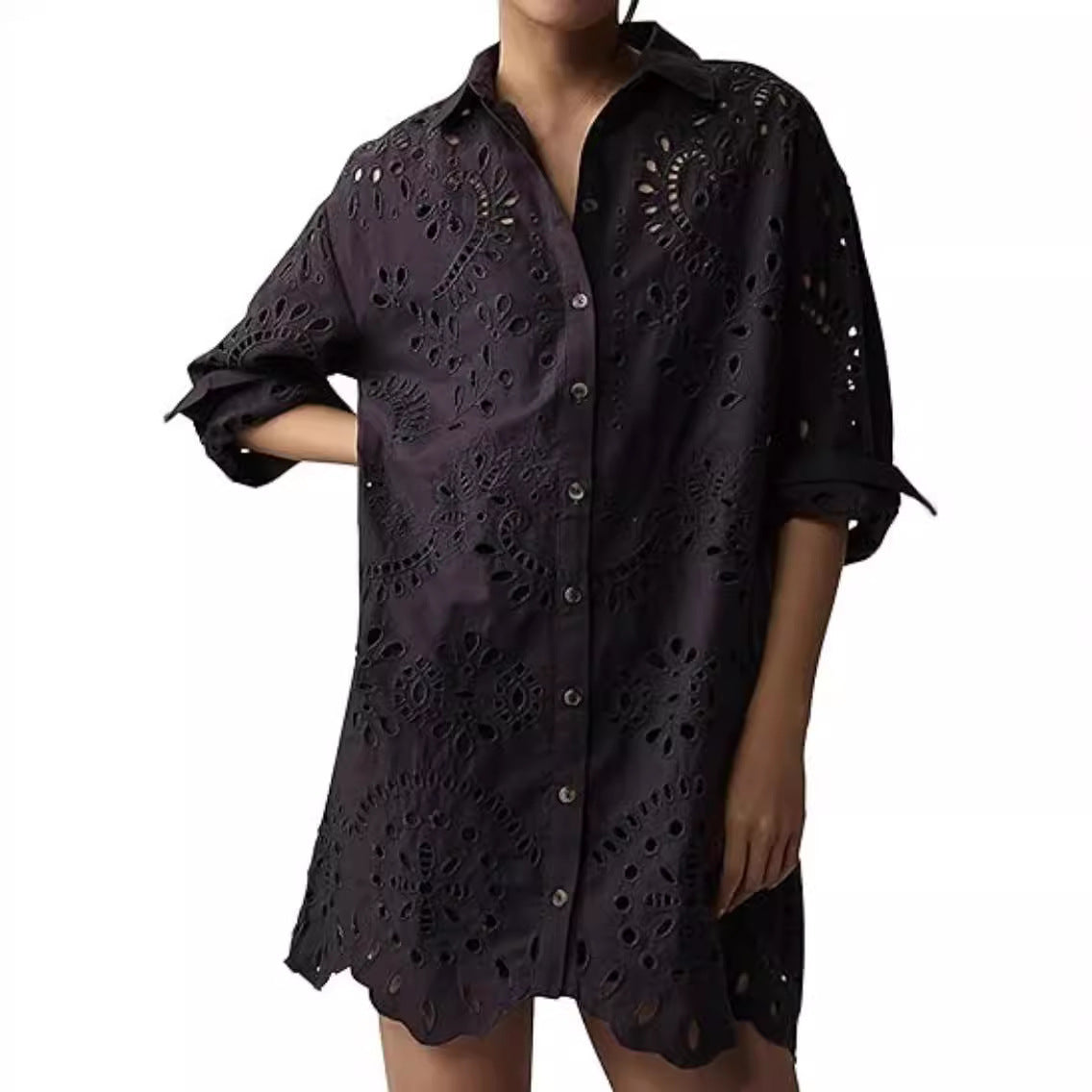Women's Solid Color Shirt Collar Loose Embroidered Blouses