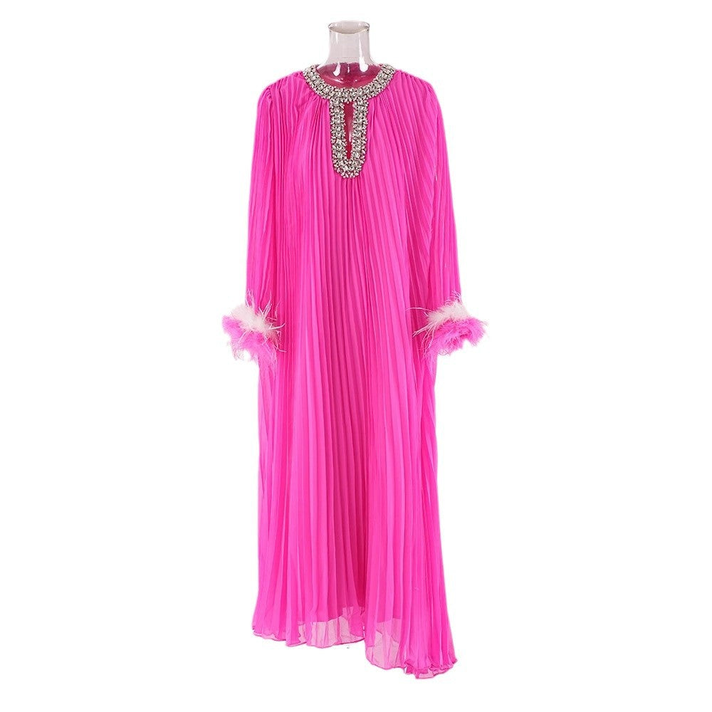 Women's Australian Fashion Beaded Feather Sleeve Long Autumn Hollow Pleated Dresses