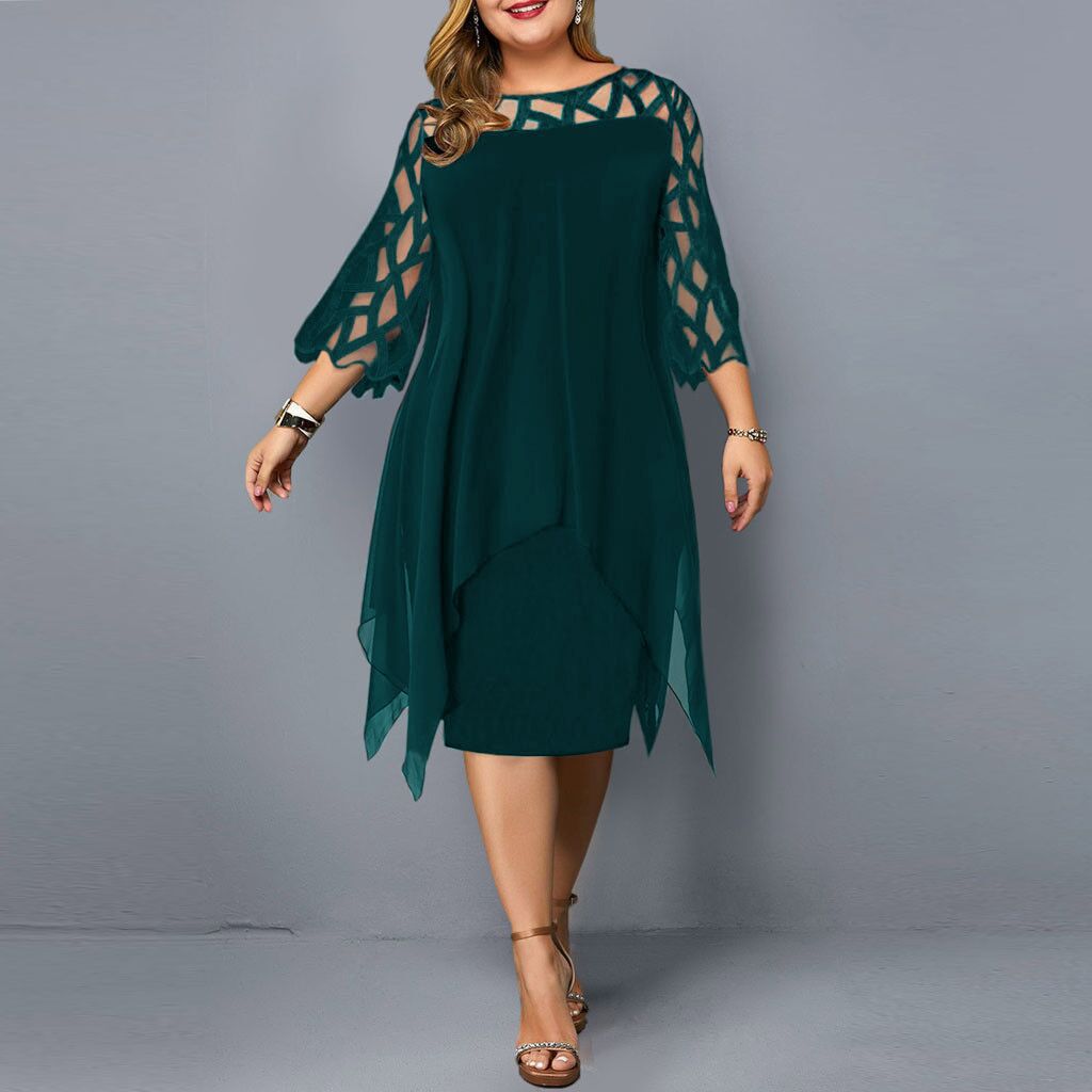 Lace Stitching Sleeve Irregular Hem Chiffon Dresses