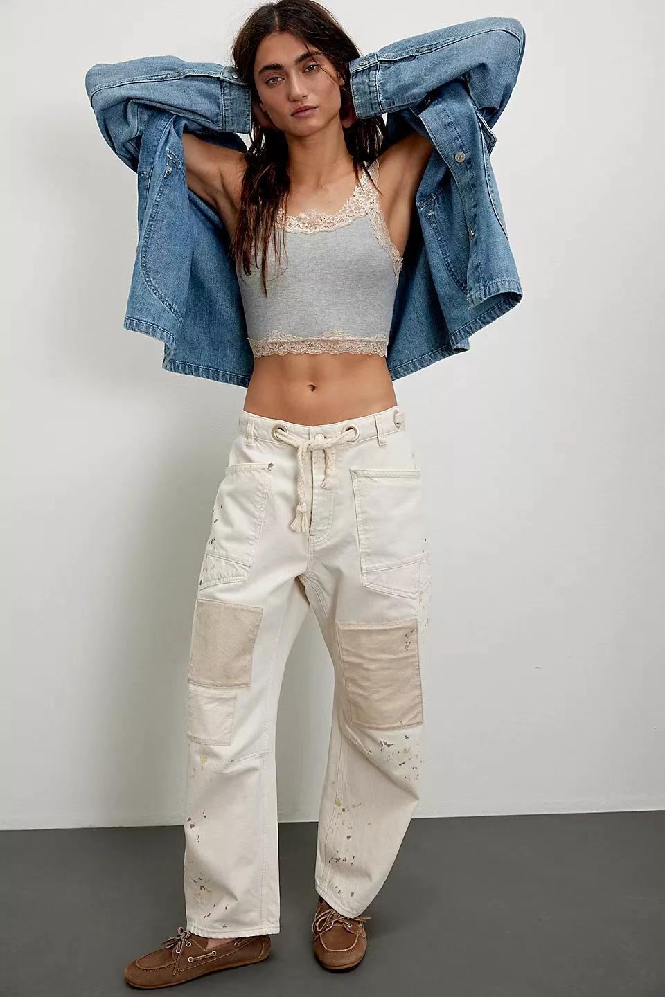 American Retro Washed Stitching Patchwork Straight Jeans