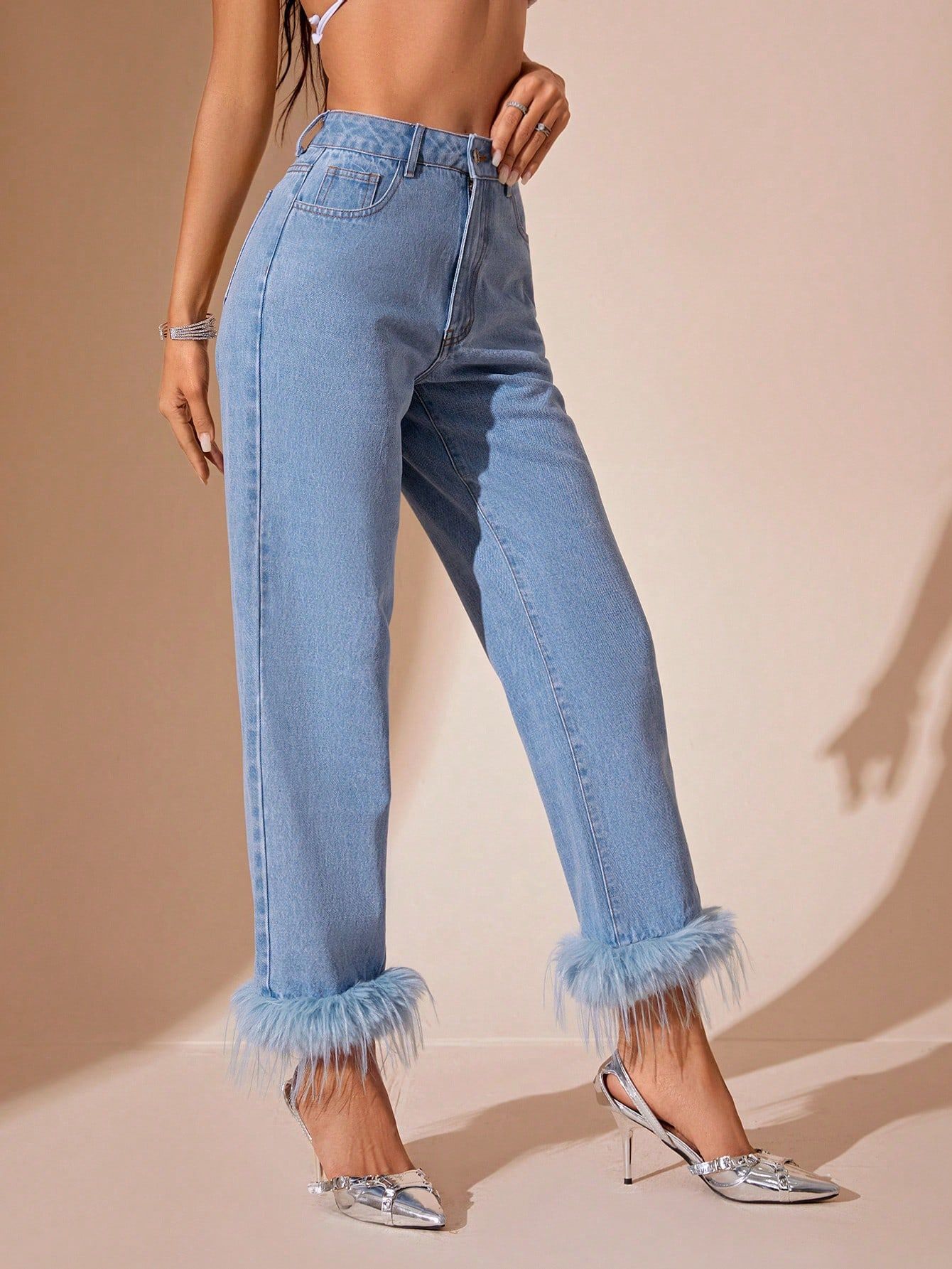 Women's Pretty Charming Fur Stitching Straight Jeans