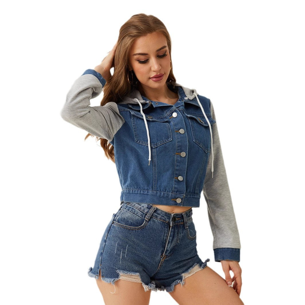 Women's Denim Fashion Hoodie With Drawstrings Jackets