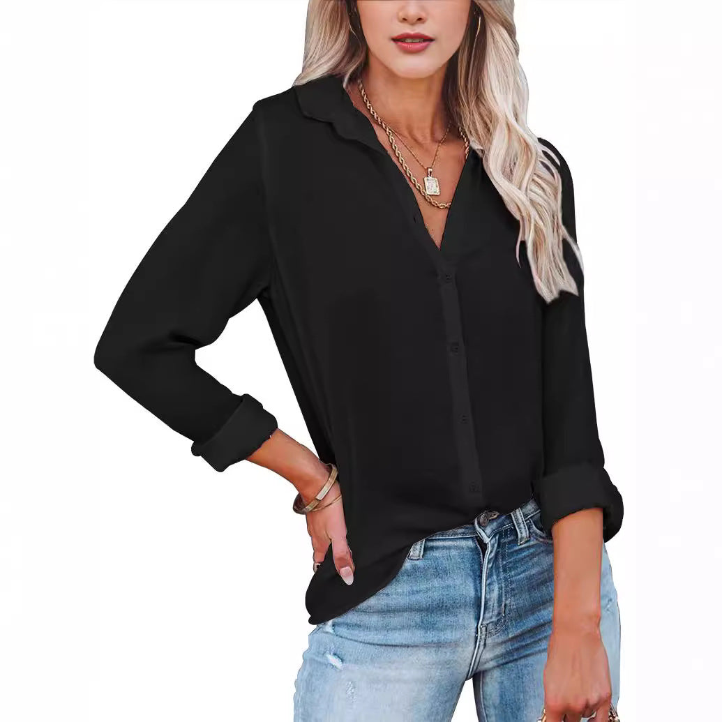 Women's Shirt Long Sleeve Solid Color Polo Blouses