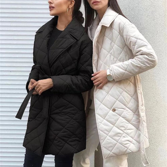 Lapel Mid-length Breasted Belt Fashion Diamond Coats