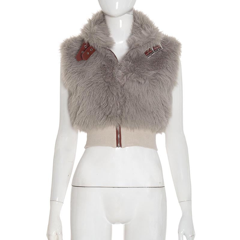 Fashion Sleeveless Plush Zipper Metal Leather Blouses