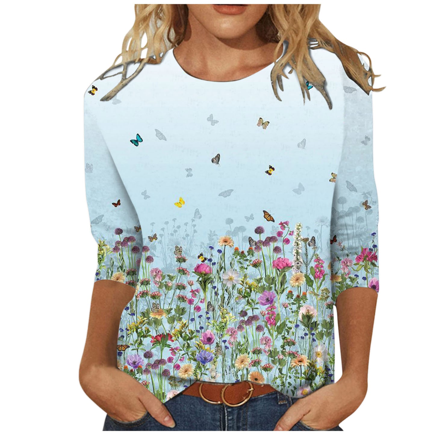 Women's Round Neck Long Sleeve Loose Print Blouses