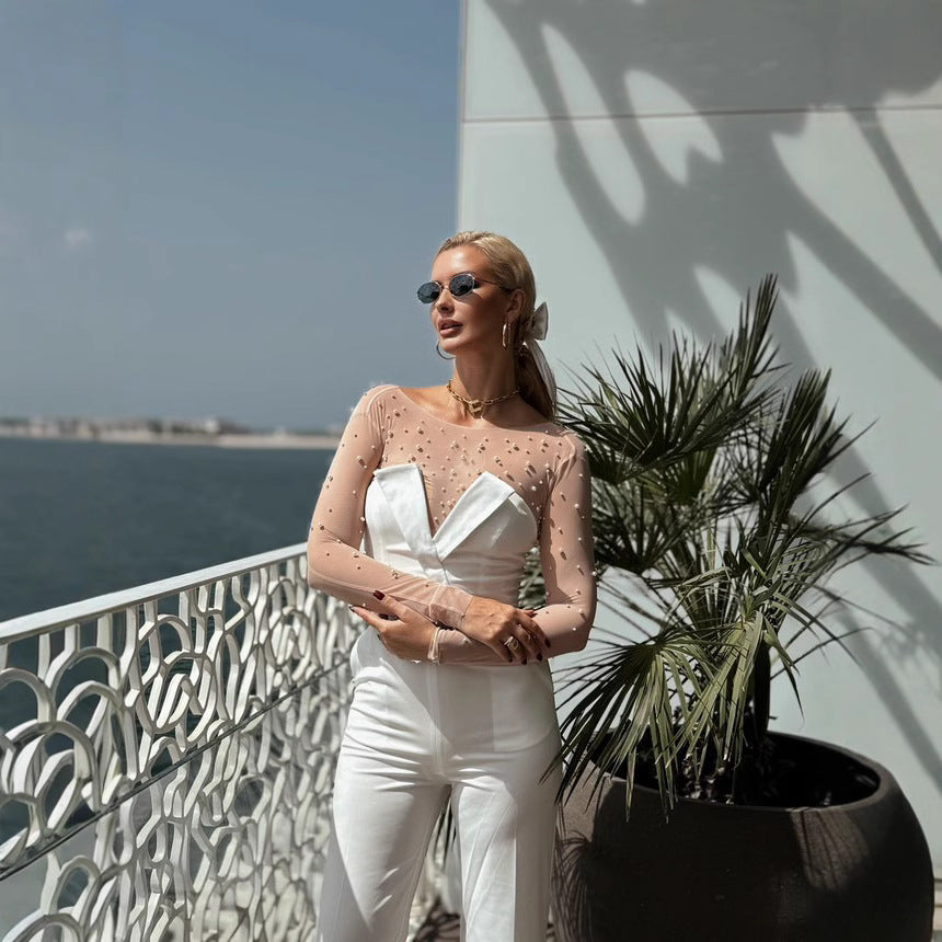 Women's Summer Bubble Beads White Fashion Casual Jumpsuits