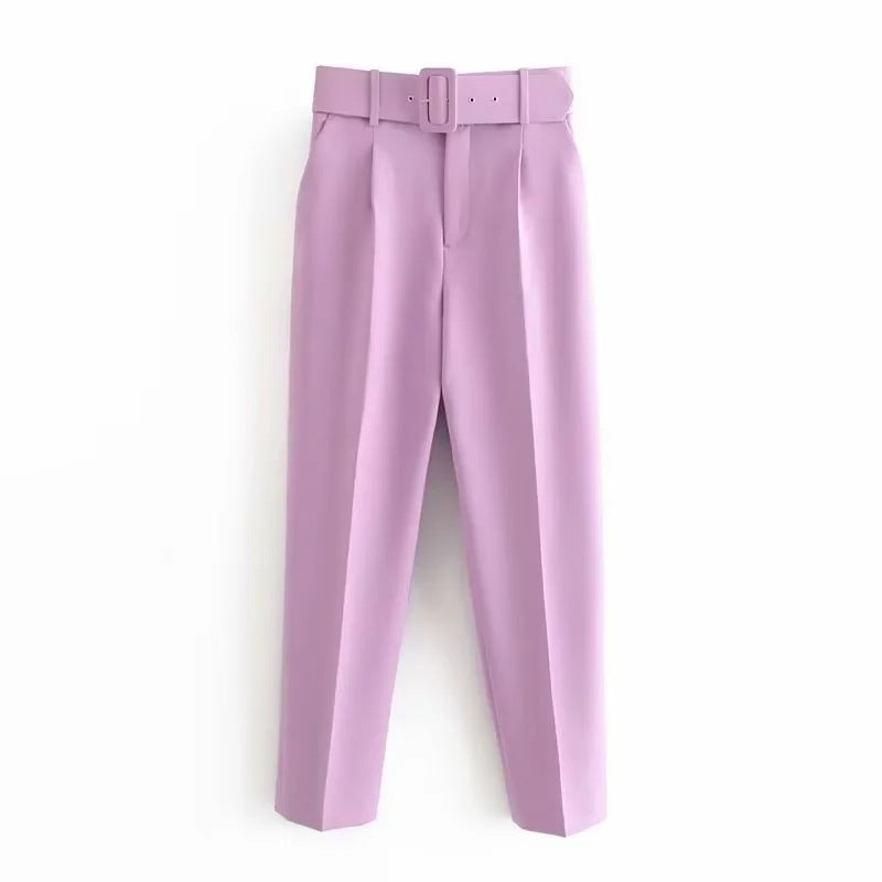 Women's European Spring With Belt Pure White Pants