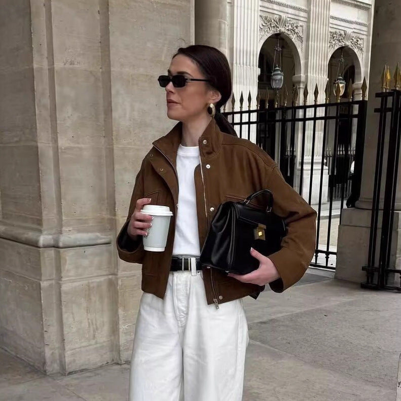 Women's Fashion Loose Zipper Ornament Stand Collar Jackets