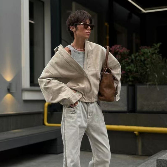 Women's Fashion Polo Collar Suede Texture Loose Jackets