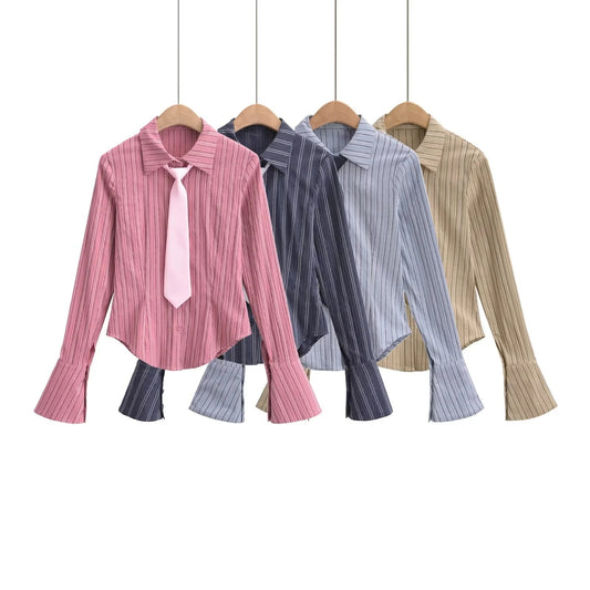 Women's Younger College Style With Tie Long Sleeve Blouses