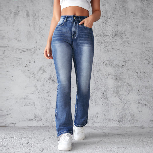 Women's Embroidered High Waist Washed Fashion Flared Jeans