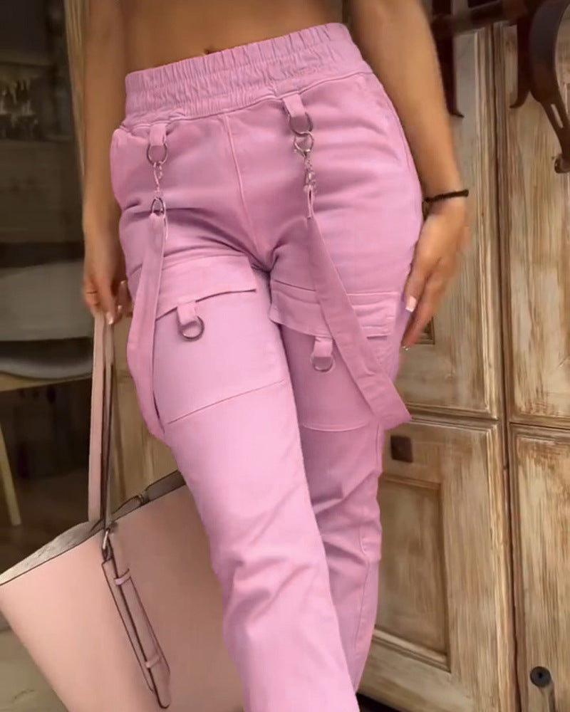 Women's American Retro Pink Figure Flattering Strap Pants