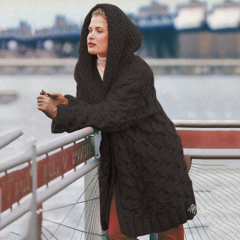 Women's Glamorous Twist Woven Thickened Hooded Knitwear