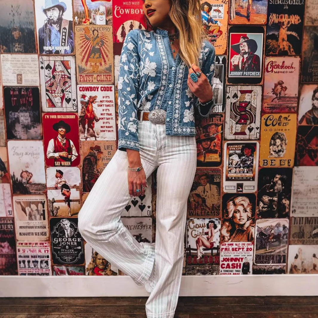 Women's Cool Embroidered Denim Buttons Long-sleeved Blouses