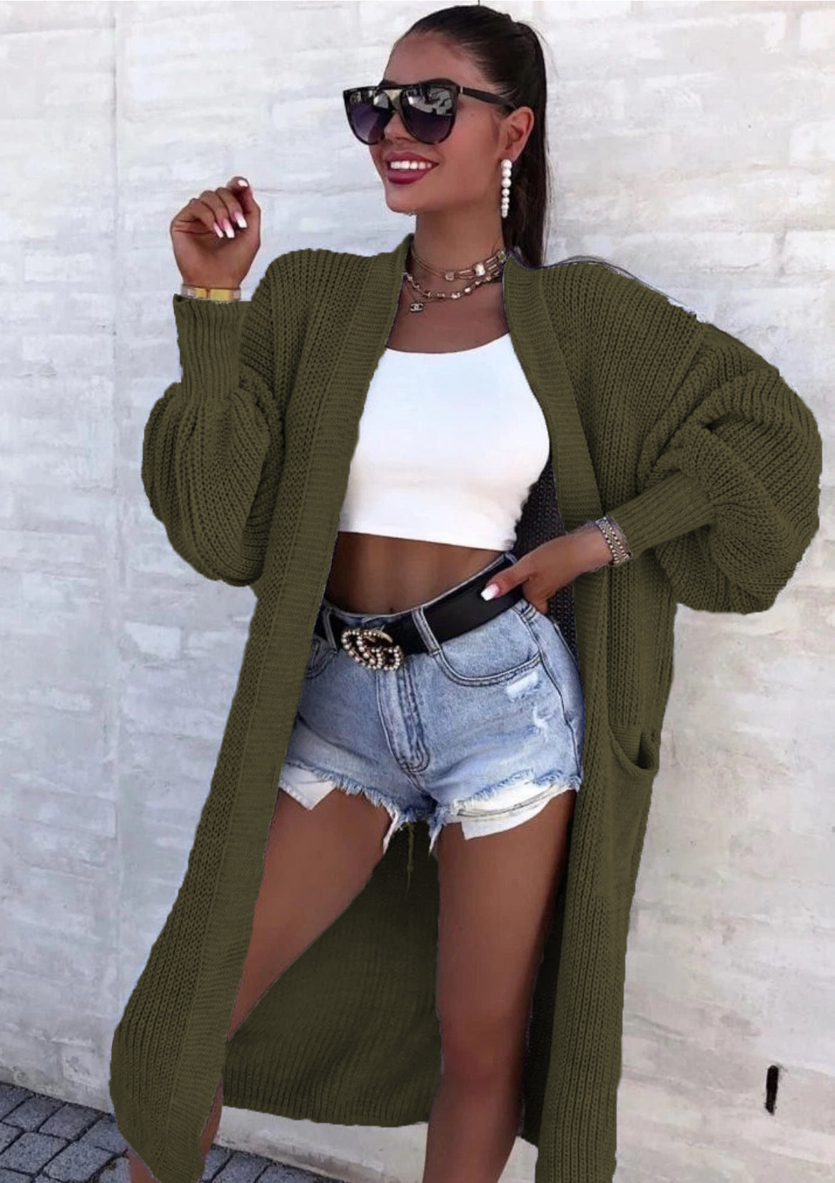 Women's Solid Color Long Pocket Thick Needle Knitwear