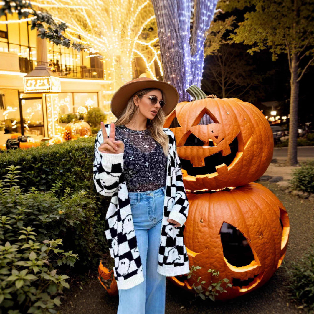 Women's Halloween Ghost Pattern Mid-length Knitted Loose Sweaters