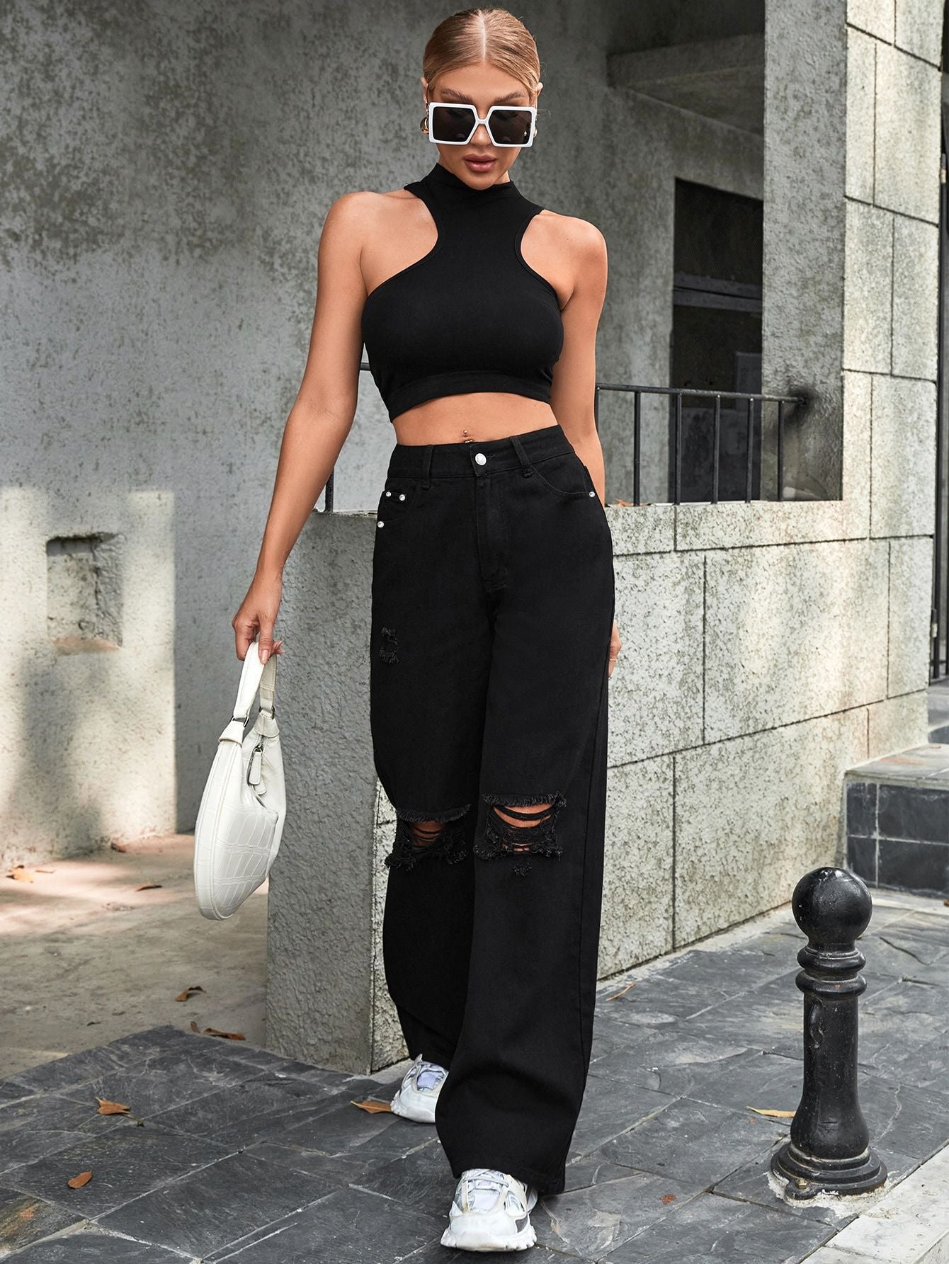 Women's Fashion Holes High Waist Wide Leg Jeans