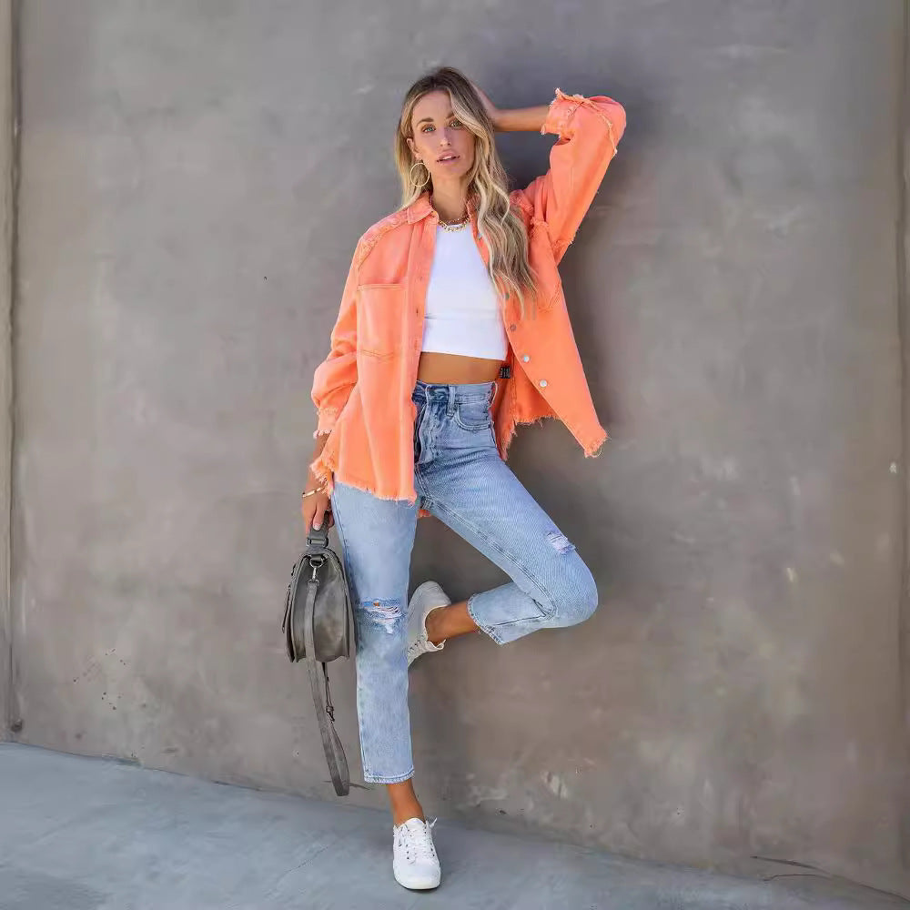 Denim Female Washed Frayed Hem Mid-length Jackets